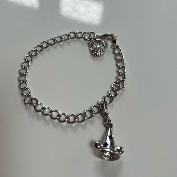 Disney Parks Silver Rhinestone Fantasia Sorcerer Hat Mickey Mouse Charm Bracelet - Picture 3 of 10